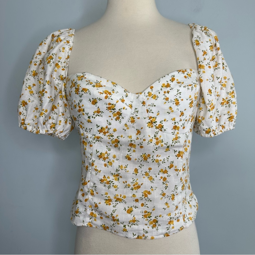 Reformation Andra White Yellow Floral Puff Sleeves Smocked Top Size 6 - Picture 5 of 13